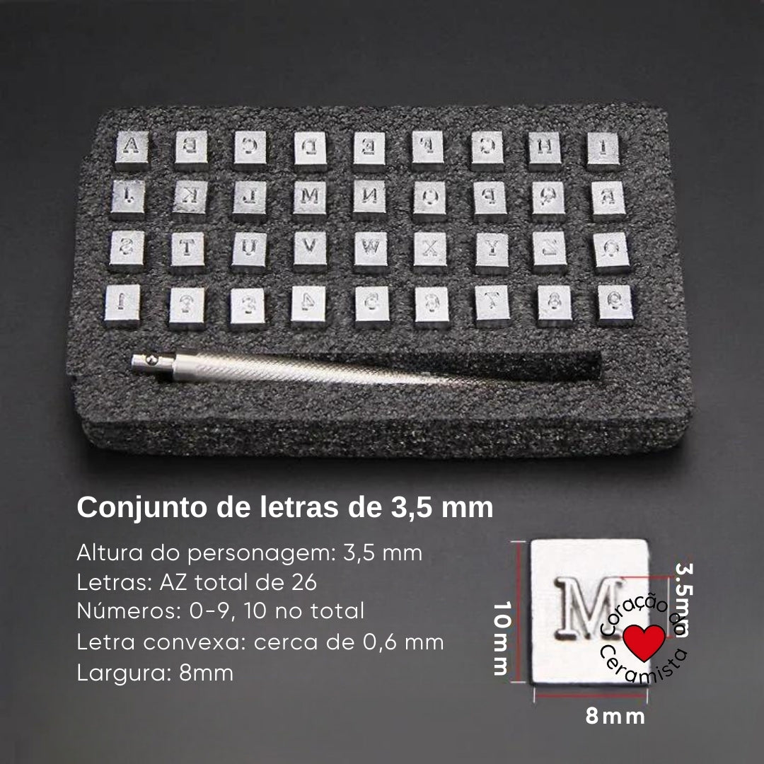 Conjunto de Letras e Números em Aço Inoxidável para Argila — 3,5 mm ou 6,5 mm