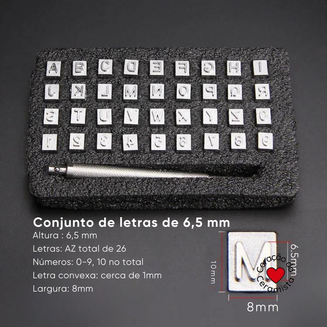 Conjunto de Letras e Números em Aço Inoxidável para Argila — 3,5 mm ou 6,5 mm