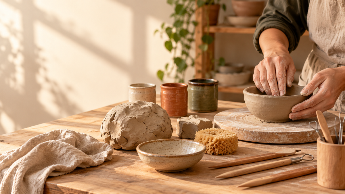Mesa de cerâmica com argila, ferramentas e esmaltes para iniciantes